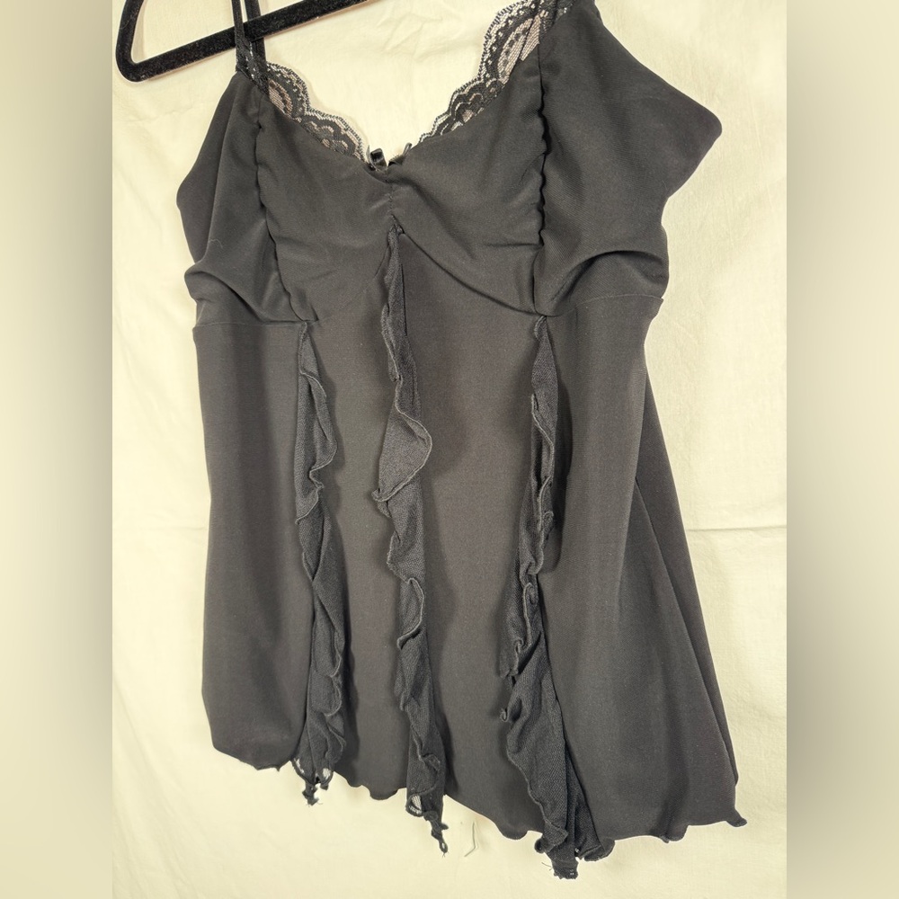 Vanity Black Ruffled Tank with  spaghetti straps whimsy goth vintage